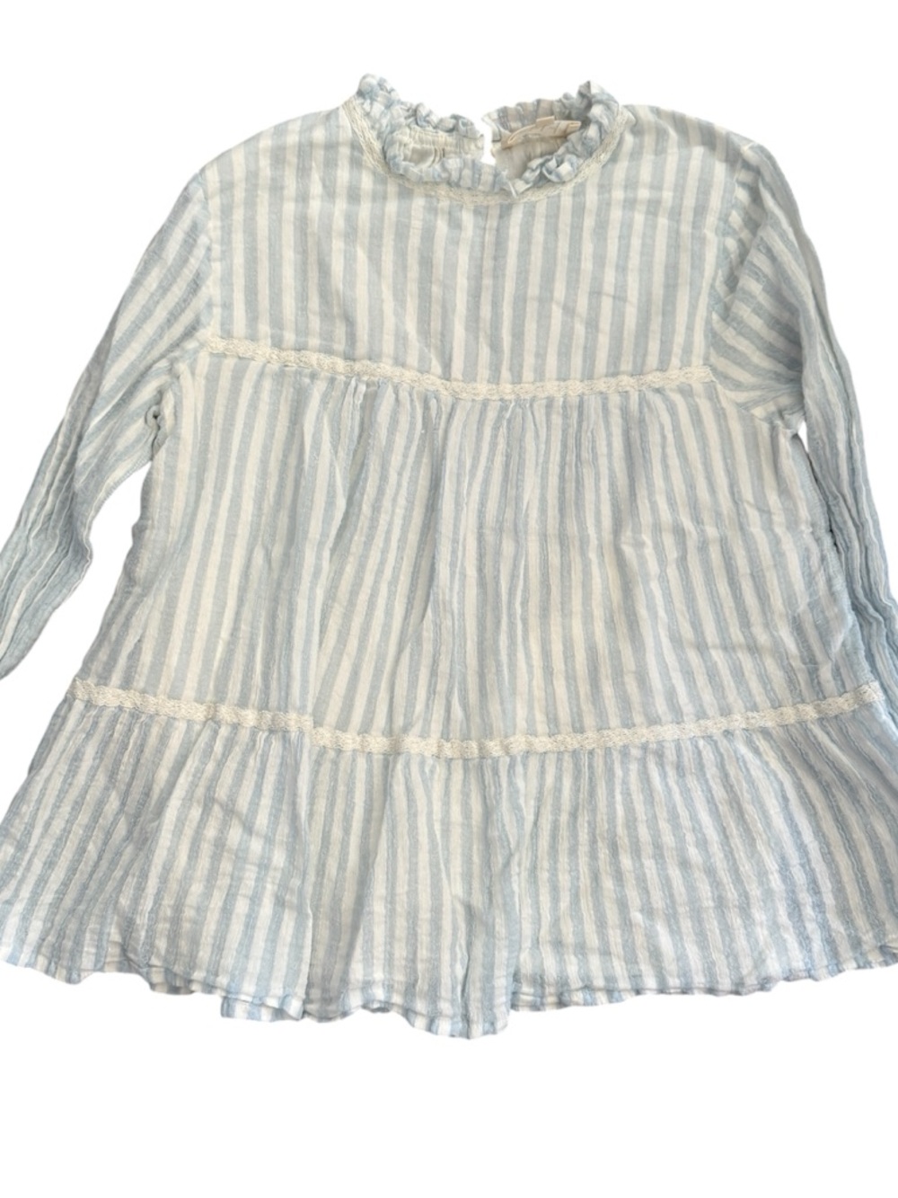Sezane Pastel Blue & White Gauze Striped Ruffle Neck Cotton Tunic Top Sz 36